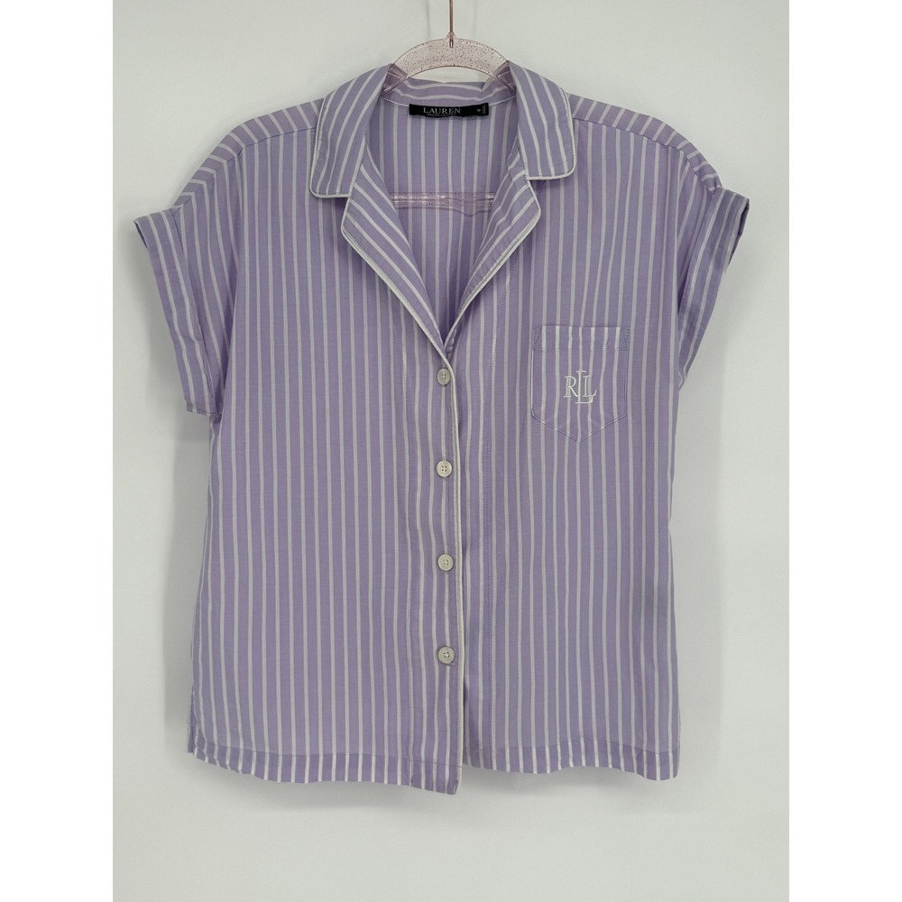 Lauren Ralph Lauren Pajama Top Women's Medium Purple‎ White Stripe RL Pocket